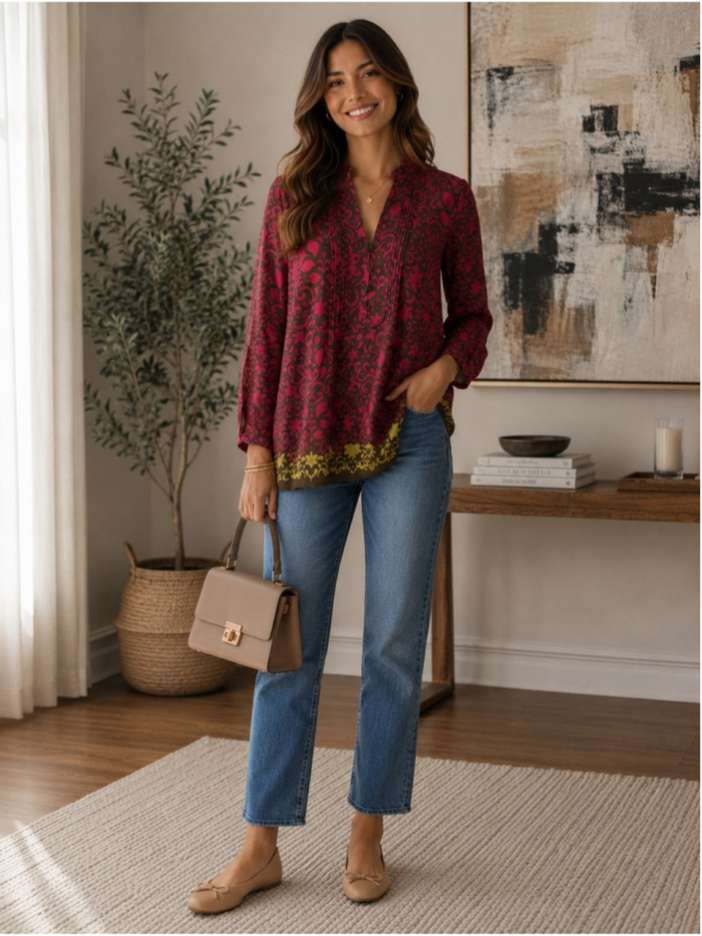 Banana Republic blouse floral print Hot Pink & Olive Abstract Print Top sz M